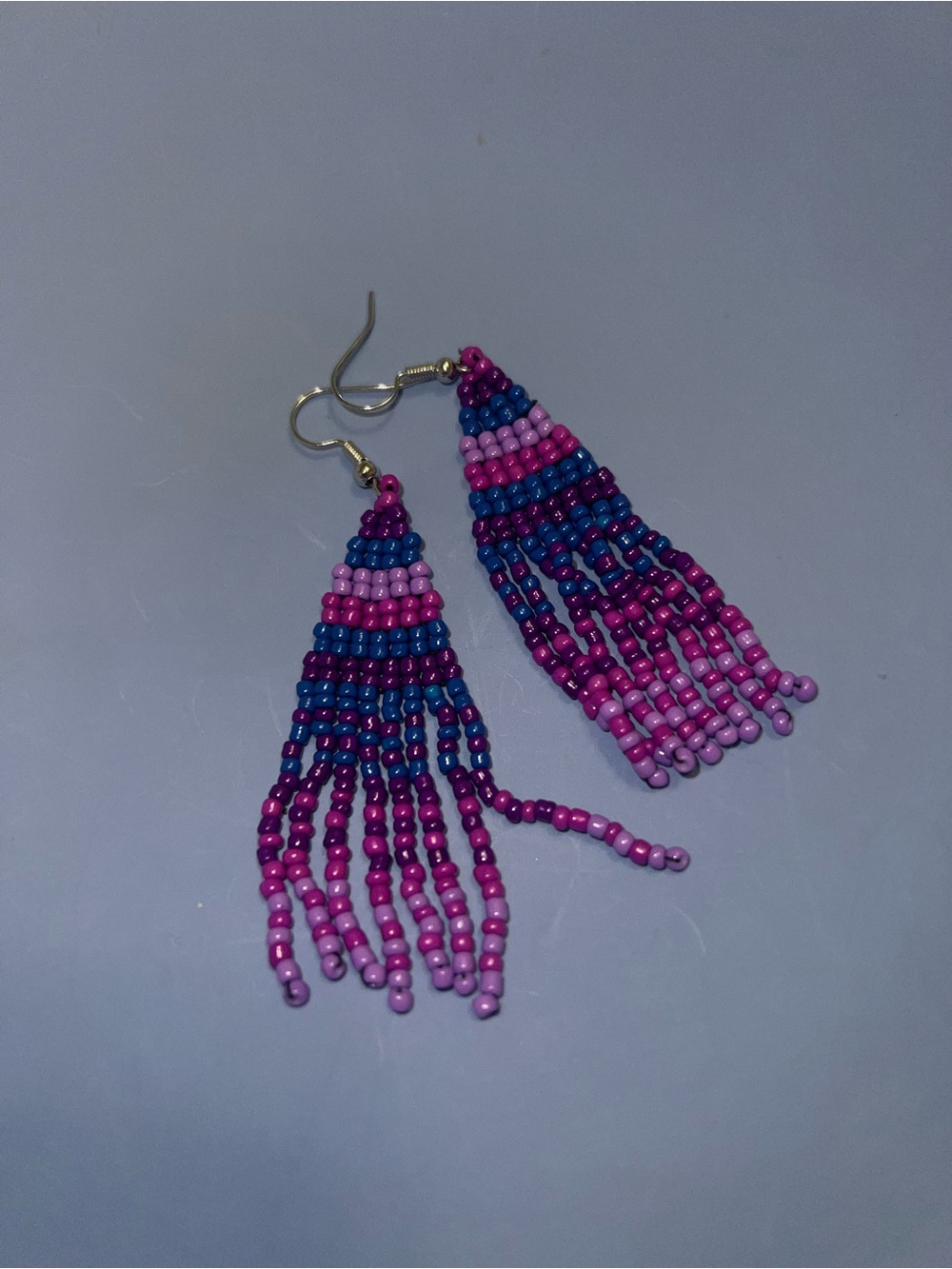 Handmade Pink & Blue Seed Bead Fringe Earrings